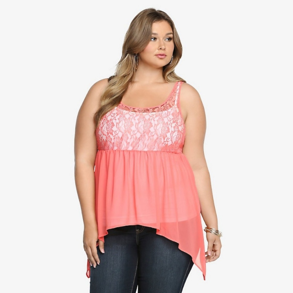 Torrid Coral Lace and Chiffon Sheer Tank